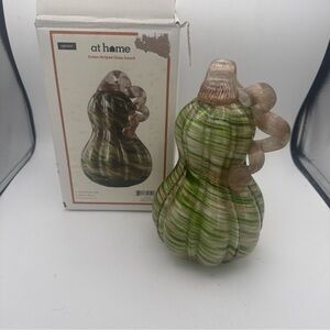 Harvest At Home Hand Made Glass Mouth Blown Green striped Gourd 5”Dx9”H